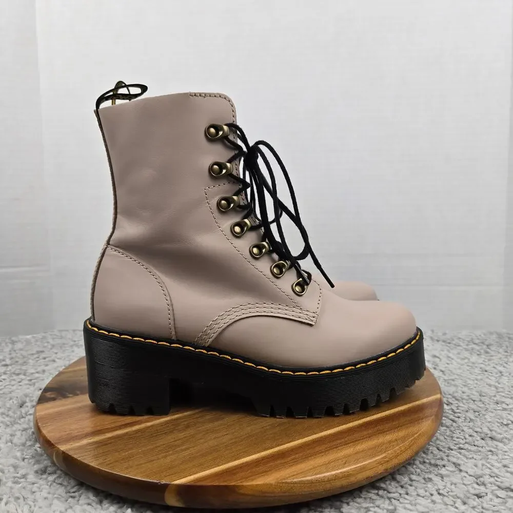 Dr. Martens Womens 8 Leona Beige Leather Y2K Black Heel Platform Combat Boot